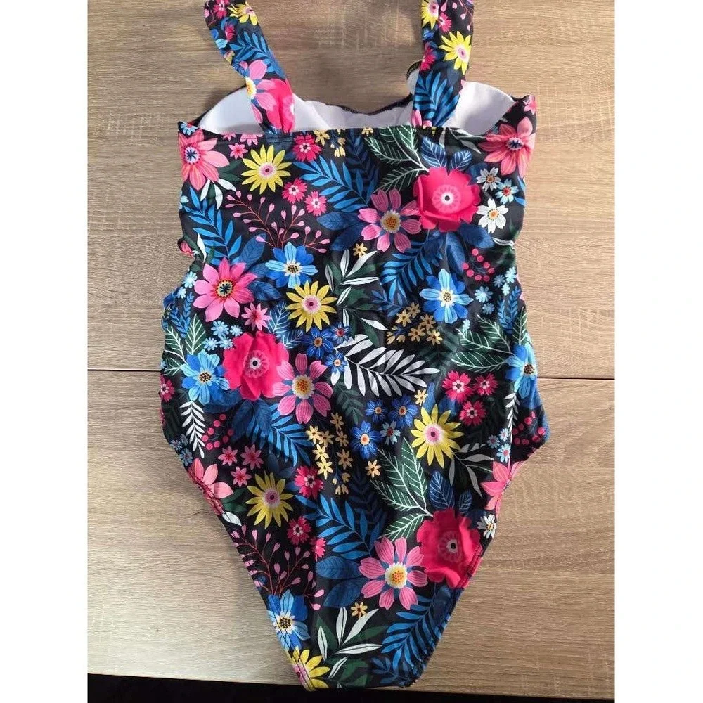 Floral Ruched One Piece Swimsuit Womens Large Tropical Botanical Print Swimwear